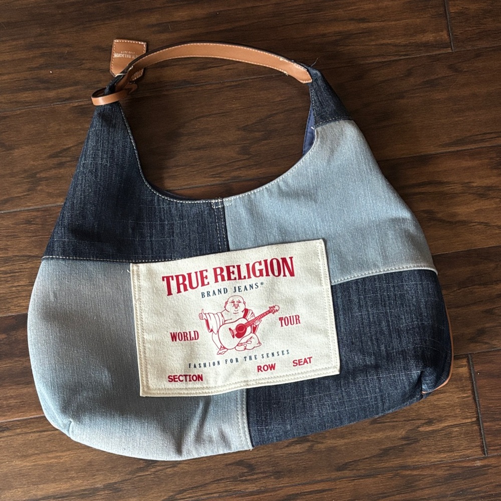 True Religion Patchwork Denim Shoulder Bag in Light & Dark Blue with Tan Strap